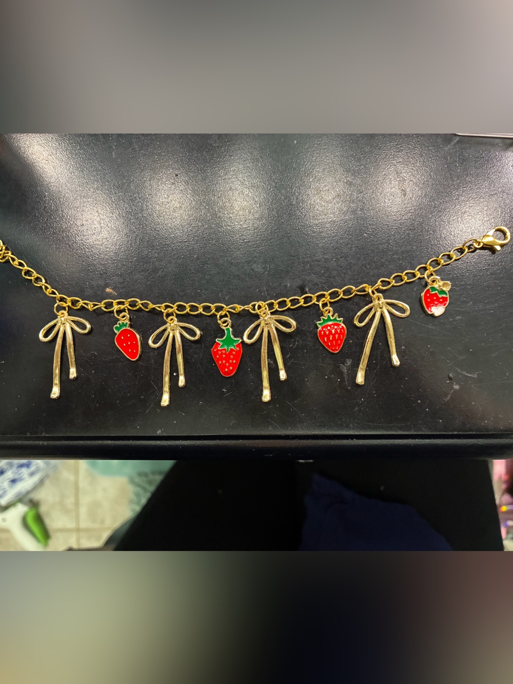 Gold Charm Bracelet with Red Strawberry Charms